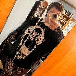 Black Gothic Graphic Pullover with Lace Sleeves